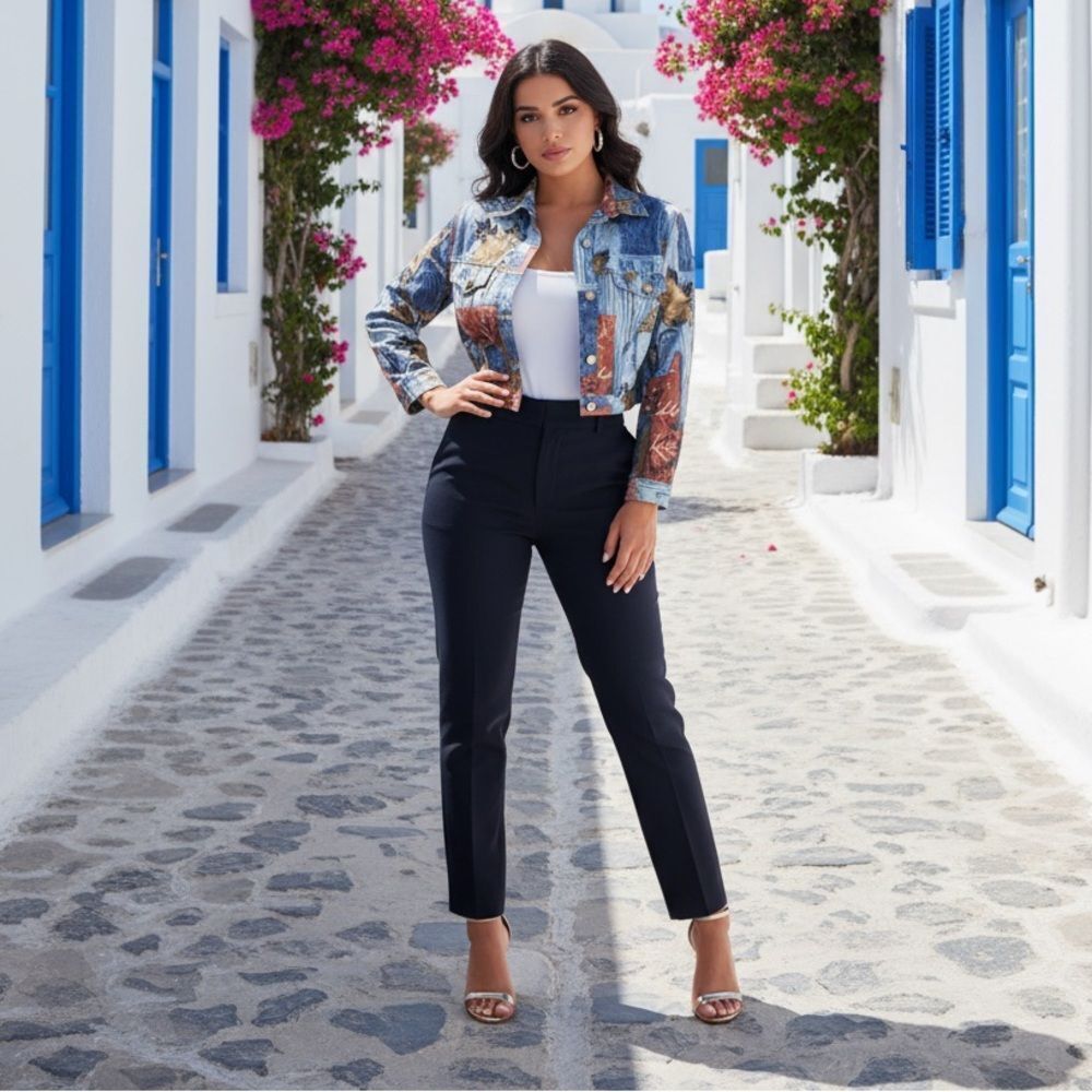 🛍️ LORRAINE WARDY Opal Vintage Blue Leaf Button Up Crop country Jacket Sm - Picture 4 of 11